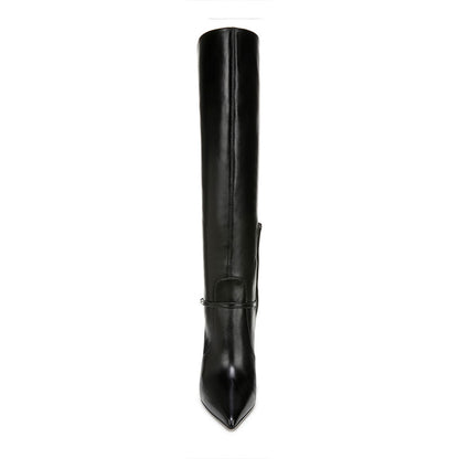 Black Pointy Toe Buckle Strap Detail Knee High Boots with Side Zipper