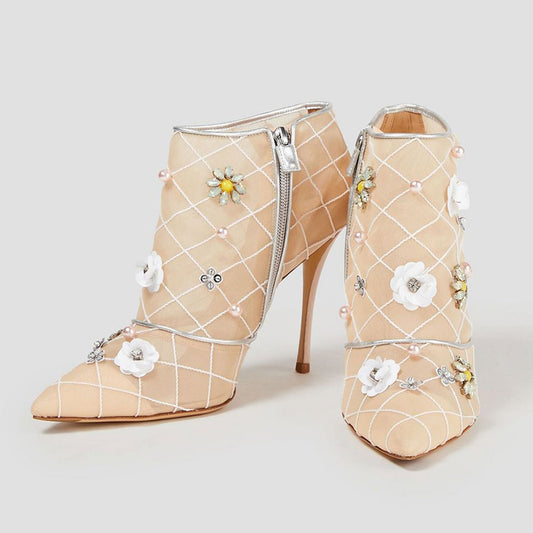 Beige Pointed Toe Crystal Embellished Ankle Boots with Stiletto Heel