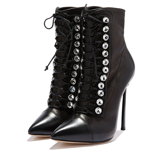 Black Lace-Up Pointed Toe Rhinestone Stiletto Heel Ankle Boots