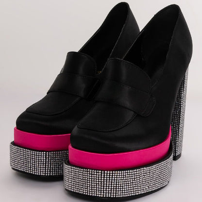 Black & Pink Platform Shoes Rhinestone Chunky Heels Office Loafers