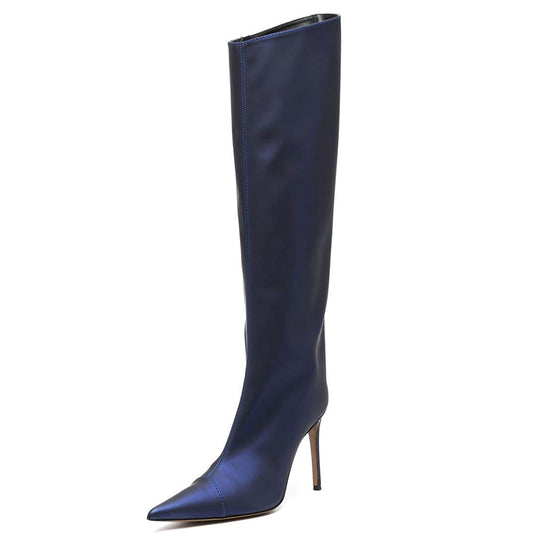 FSJ Navy Pointed Toe Stiletto Heel Knee High Boots with Zipper