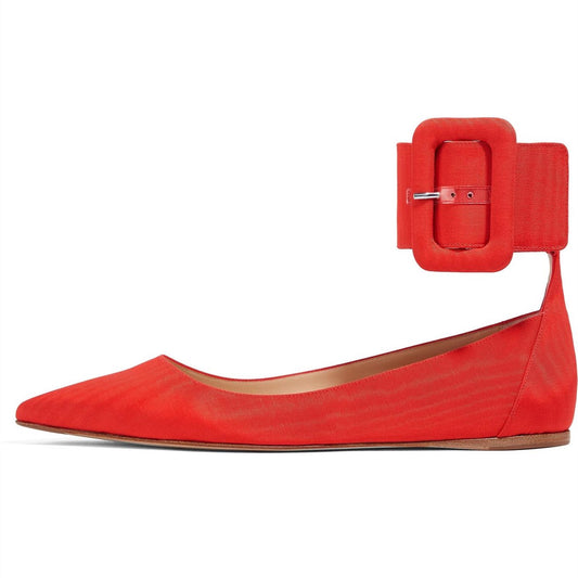 Red Pointed Toe Oversized Buckle Ankle Strap Flats