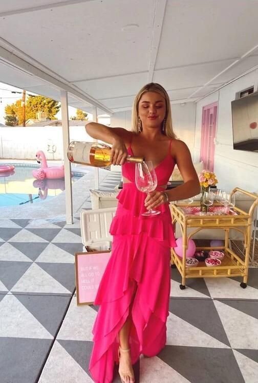 PM396,Hot Pink V-Neck Sexy Prom Dresses,Hi-Lo Ruffle Evening Formal Dress