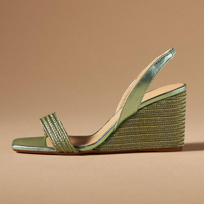 Green Woven Raffia Open Square Toe Slingback Wedge Sandals
