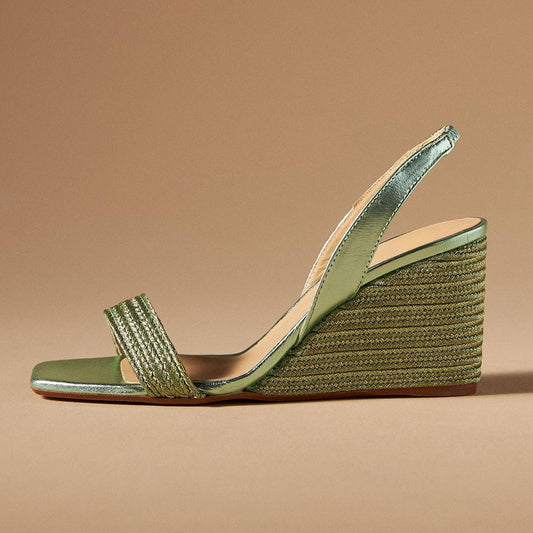 Green Woven Raffia Open Square Toe Slingback Wedge Sandals