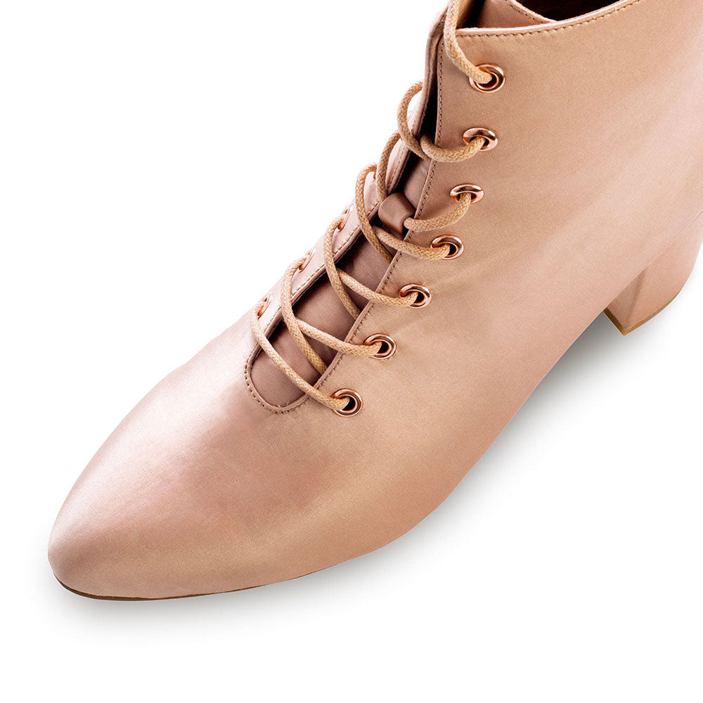 Beige Vegan Leather Pointed Toe Chunky Heel Lace-Up Ankle Boots