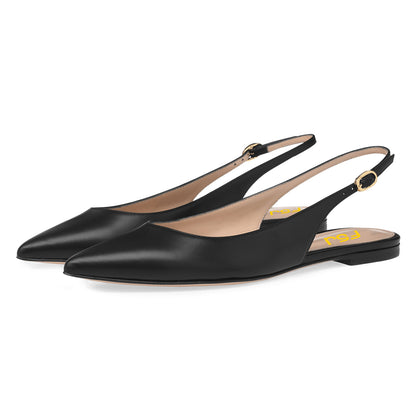 Closed Pointy Toe Casual Flats Buckled Slingback Shoes in Black