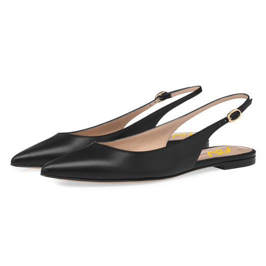 Closed Pointy Toe Casual Flats Buckled Slingback Shoes in Black