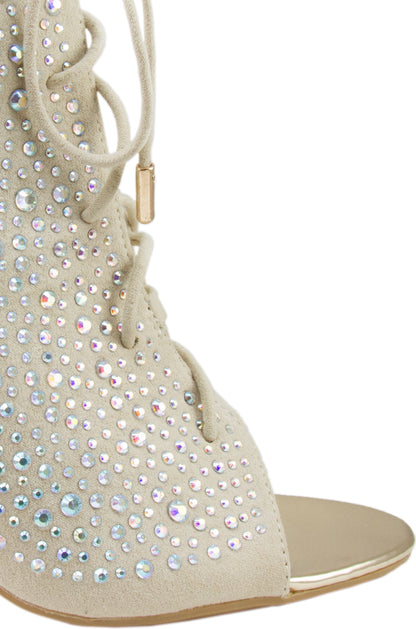 Beige Lace Up Peep Toe Rhinestone Ankle Boots for Women
