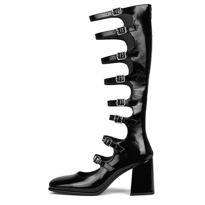 Black Closed Toe Block Heel Strappy Knee High Boots