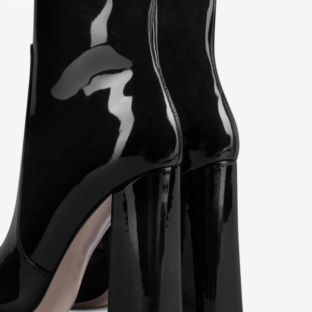Black Patent Leather Pointed Toe Chunky Heel Fashion Knee High Boots