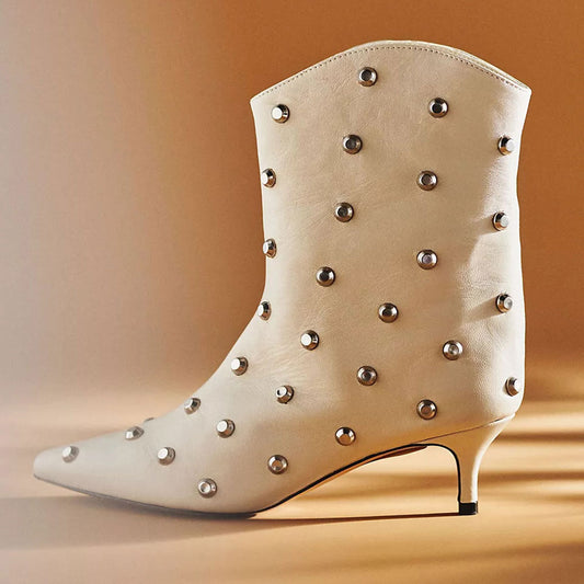 Beige Pointed Toe Studs Ankle Boots Kitten Heel Booties for Women