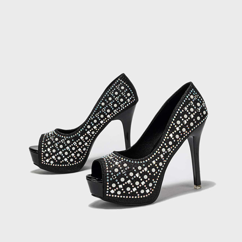 Women's Platform Stiletto Heels Elegant Peep Toe Rhinestone Pumps