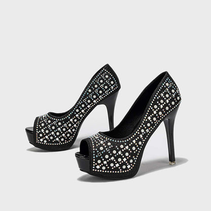 Women's Platform Stiletto Heels Elegant Peep Toe Rhinestone Pumps