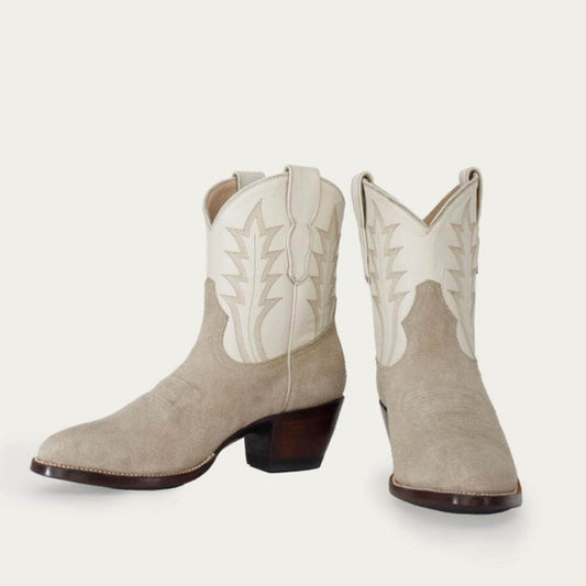 Beige & White Faux Suede Round Toe Chunky Heel Cowgirl Ankle Boots