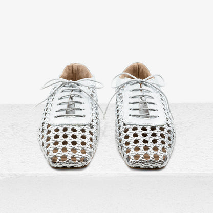 Silver Vegan leather Square Toe Lace-Up Woven Flat Lady's Shoes