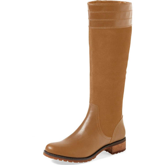 Tan Round Toe Low Chunky Heel Patchwork Design Knee High Boots