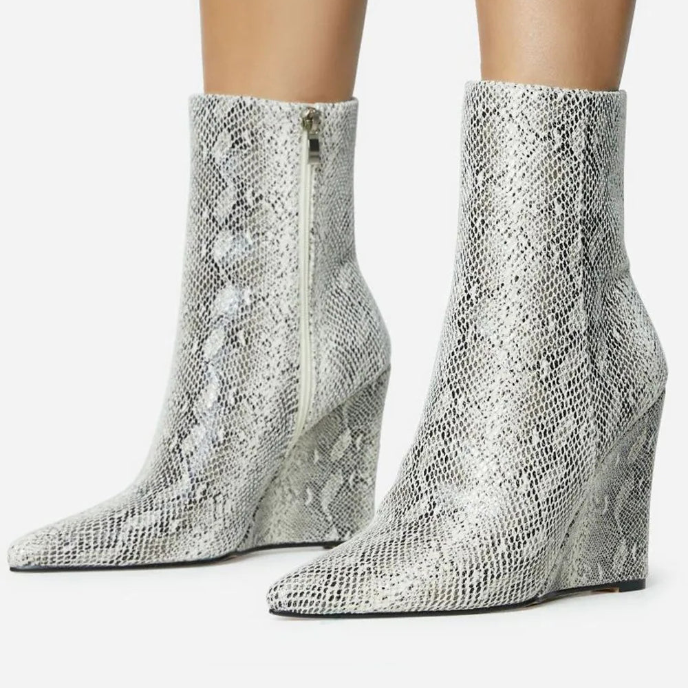 Women's Snake Textured Pointed Toe Zipper Wedge Heel Ankle Boots