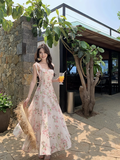 Simple Fashion Pink Floral Design A-line Beach Holiday Spaghetti Strap Dress TP3535