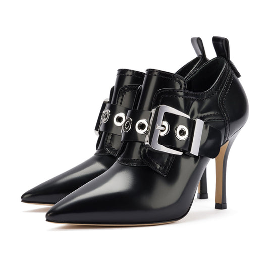 Black Pointed Toe Stiletto Heel Grommet Buckle Strap Ankle Boots