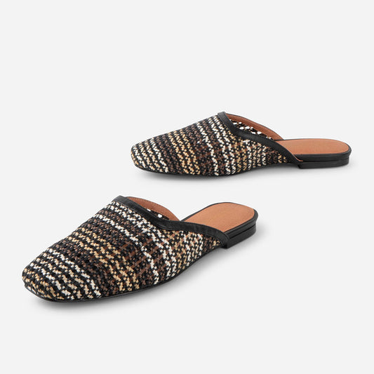 Multicolor Cut-Out Square Toe Woven Detail Casual Flat Mules