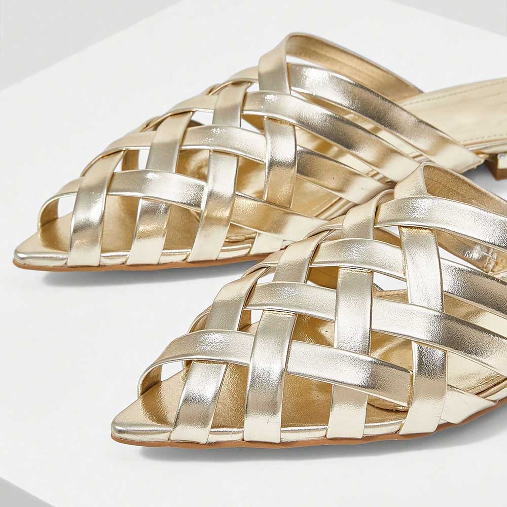 Metallic Finish Woven Pointed Toe Flat Gold Mules for Women