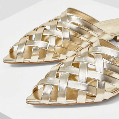 Metallic Finish Woven Pointed Toe Flat Gold Mules for Women