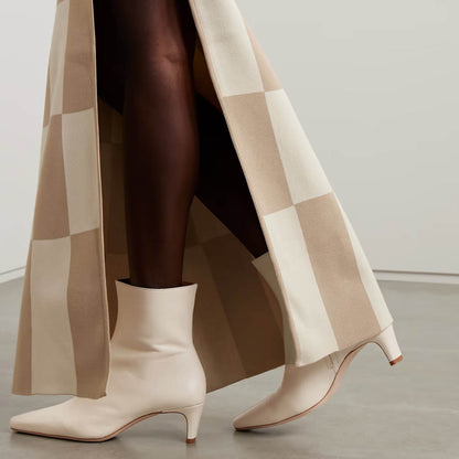 Vegan Leather Square Toe Block Heel Zipper Ankle Boots in Ivory