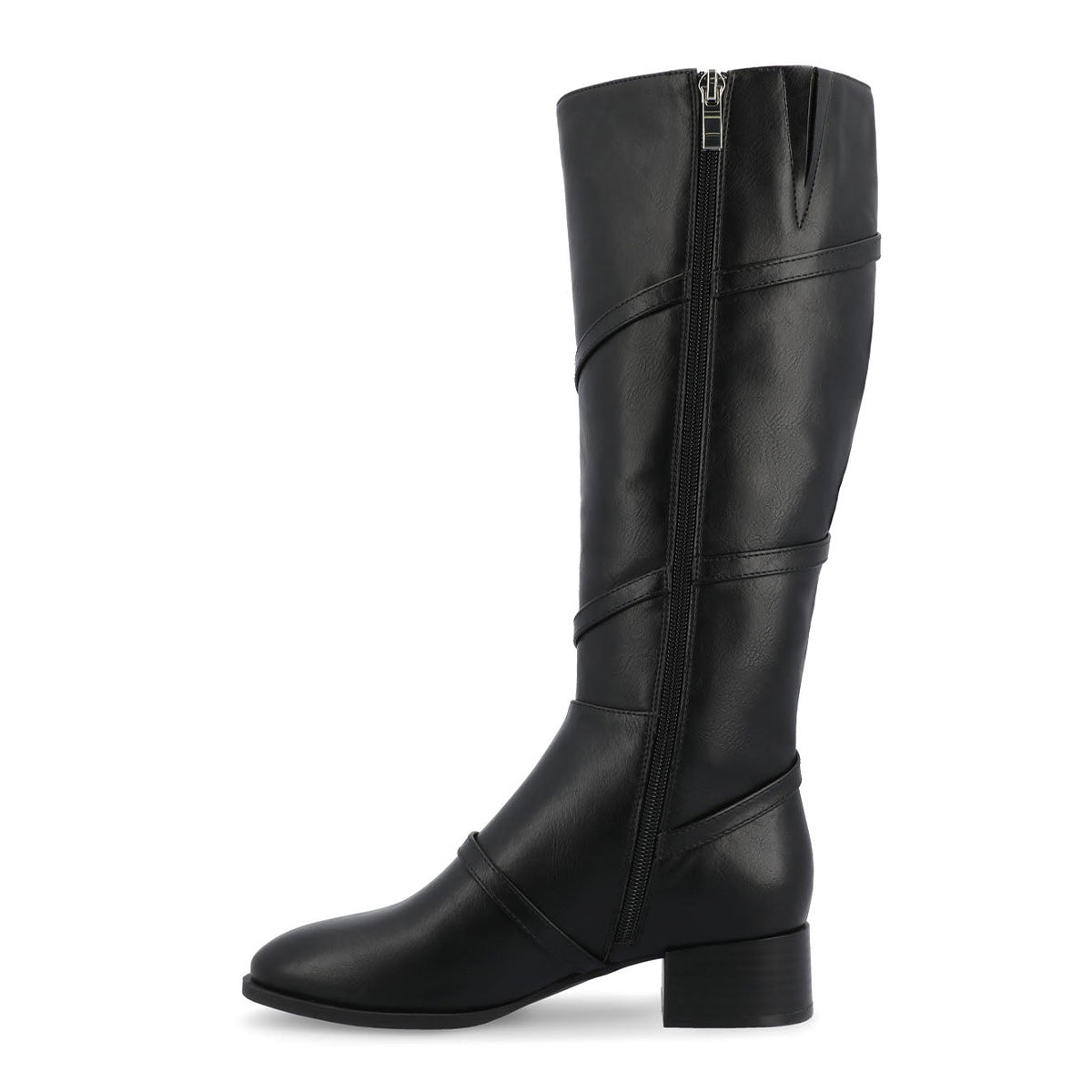 Black Buckle Strappy Round Toe Block Heel Knee High Boots for Women