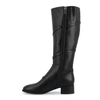 Black Buckle Strappy Round Toe Block Heel Knee High Boots for Women
