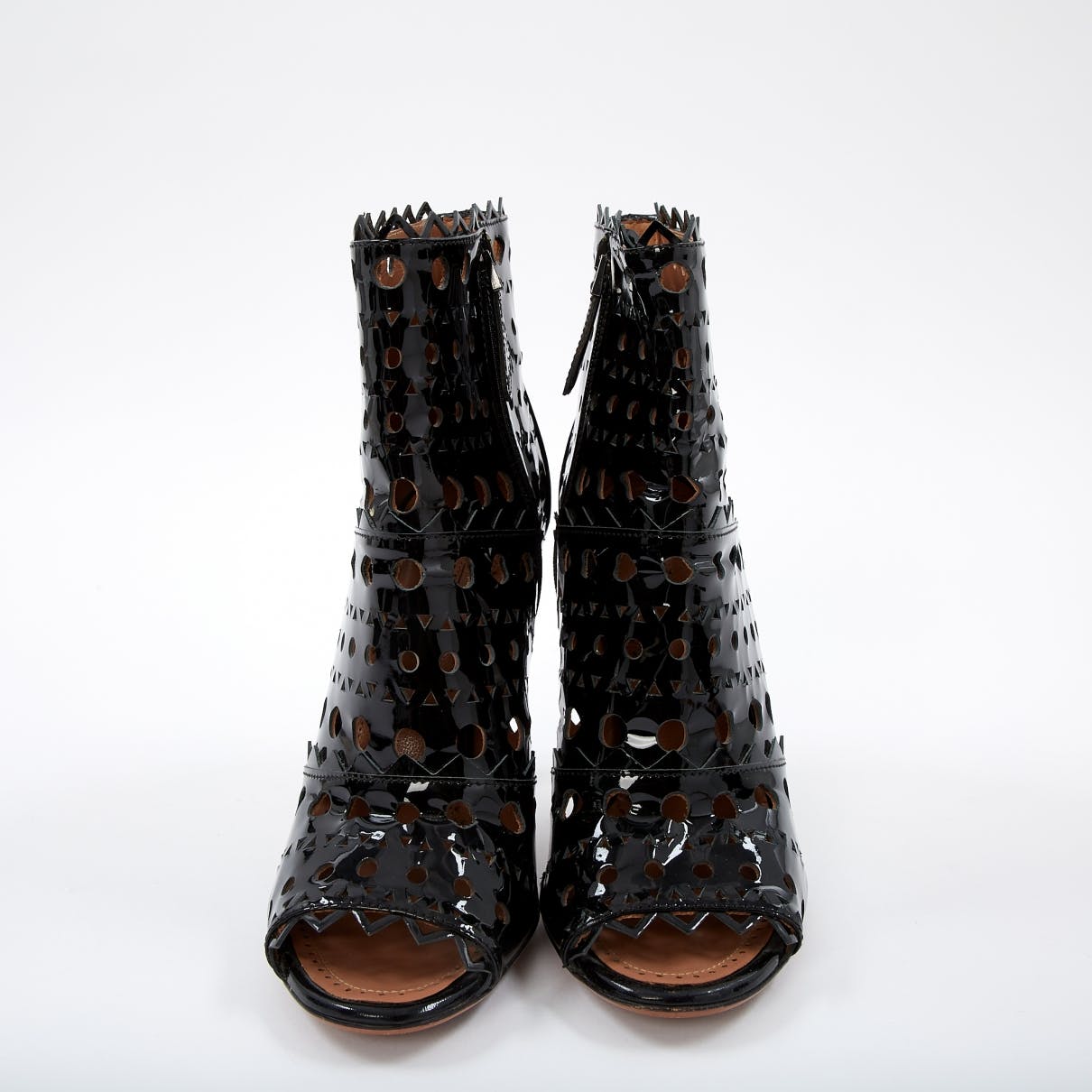 Black Patent Leather Hollow Out Peep Toe Stiletto Heel Ankle Boots