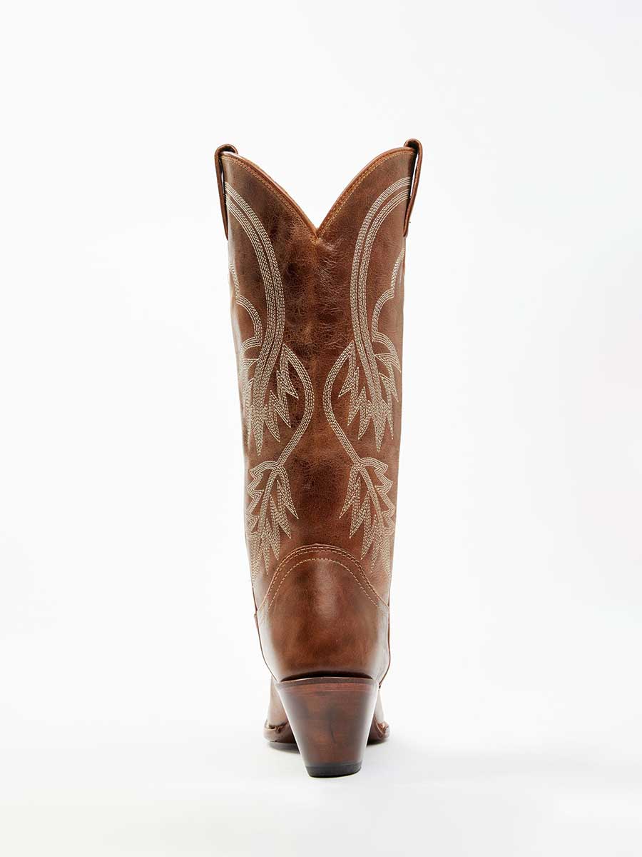 Brown Vegan Leather Embroidered Wide-Calf Lady's Knee High Boots