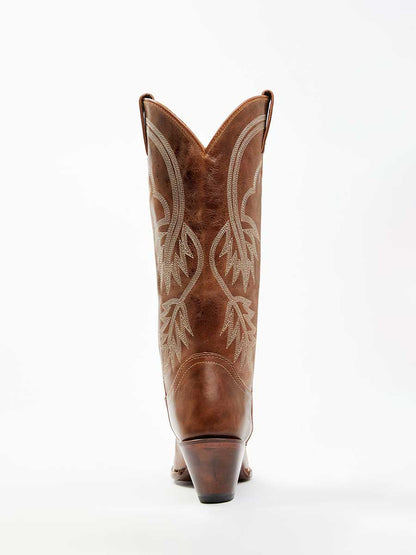 Brown Vegan Leather Embroidered Wide-Calf Lady's Knee High Boots