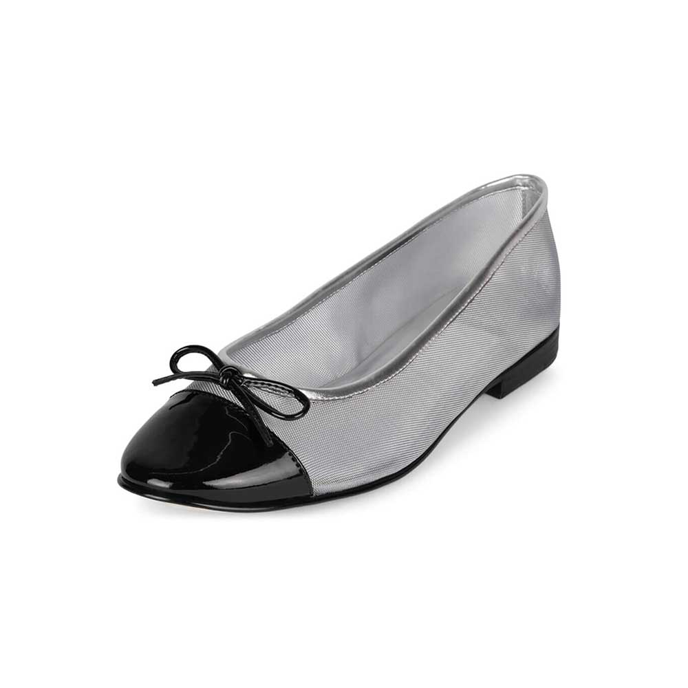 Black & Silver Mesh Round Toe Ballet Flats with Bow