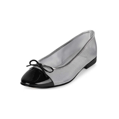 Black & Silver Mesh Round Toe Ballet Flats with Bow