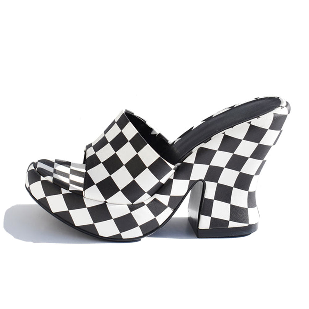 Black & White Plaid Open Toe Heeled Mules Sandals with Platform