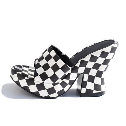 Black & White Plaid Open Toe Heeled Mules Sandals with Platform