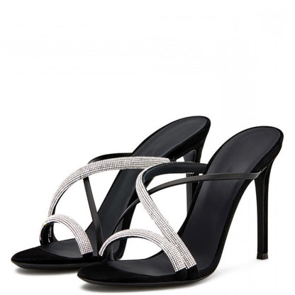 Women's Rhinestone Embellished Crisscross Straps Black High Heel Mules