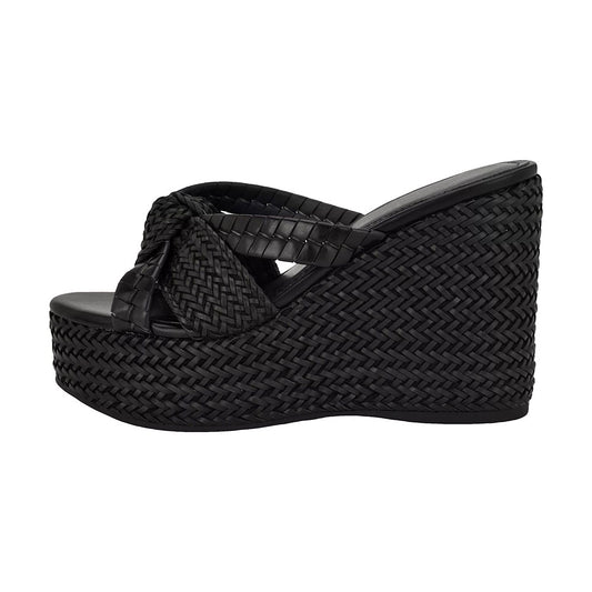 Chic Black Woven Open Round Toe Knot Wedge Heel Platform Mules