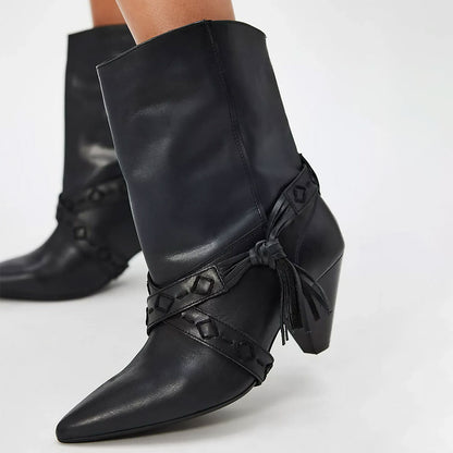 Black Pointed Toe Stitching Strap Western Ankle Boots for Women