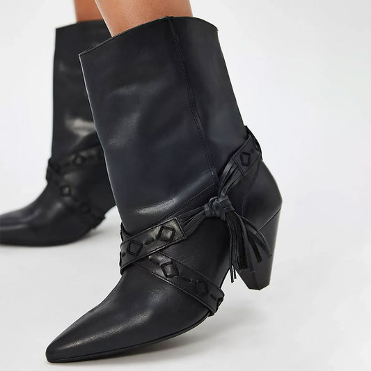 Black Pointed Toe Stitching Strap Western Ankle Boots for Women