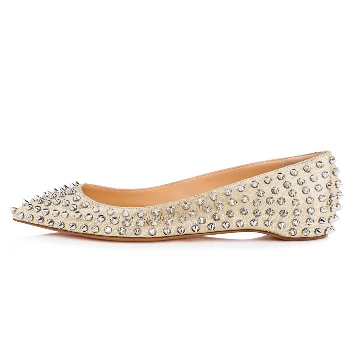 Chic Champagne Lizard Embossed Pointed Toe Flats with Rivets
