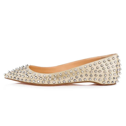 Chic Champagne Lizard Embossed Pointed Toe Flats with Rivets