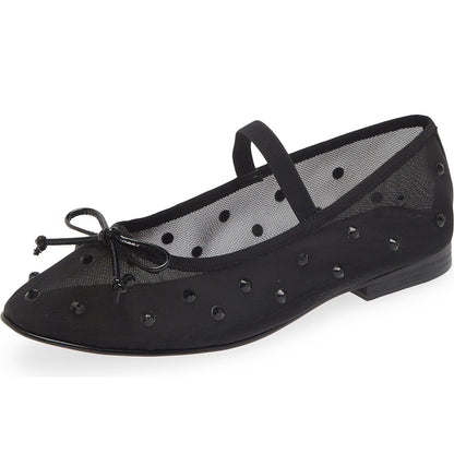 Black Mesh Round Toe Crystal Embellished Ballet Flats with Bow Decor