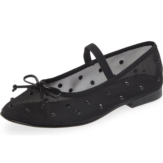 Black Mesh Round Toe Crystal Embellished Ballet Flats with Bow Decor