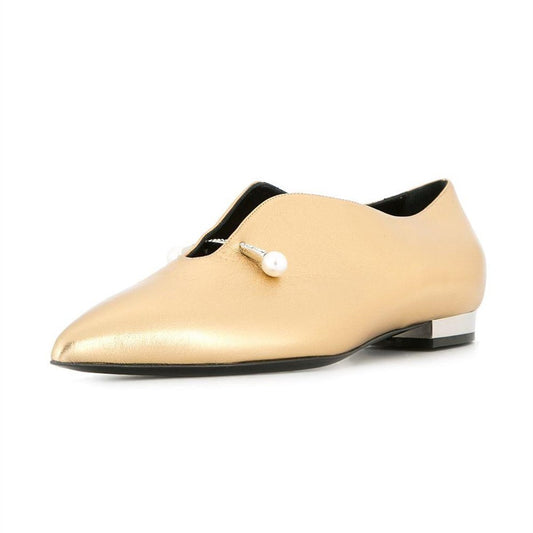 Gold Pointy Toe Flats Pearl Details Fashion Loafers for Women