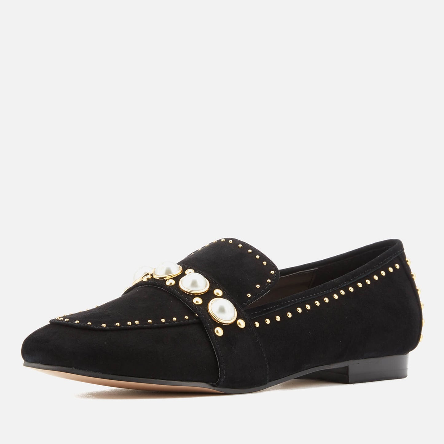 Black Vegan Suede Pearl Studded Embellished Flat Women's Loafers