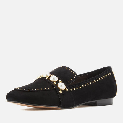 Black Vegan Suede Pearl Studded Embellished Flat Women's Loafers