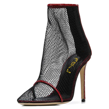Black Mesh Pointed Toe Maroon Stiletto Heel Ankle Boots