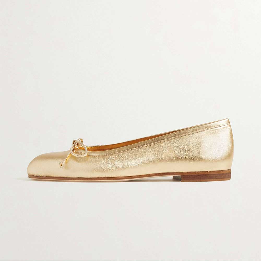 Gold Vegan Leather Round Toe Slip-On Ballet Flats with Bow